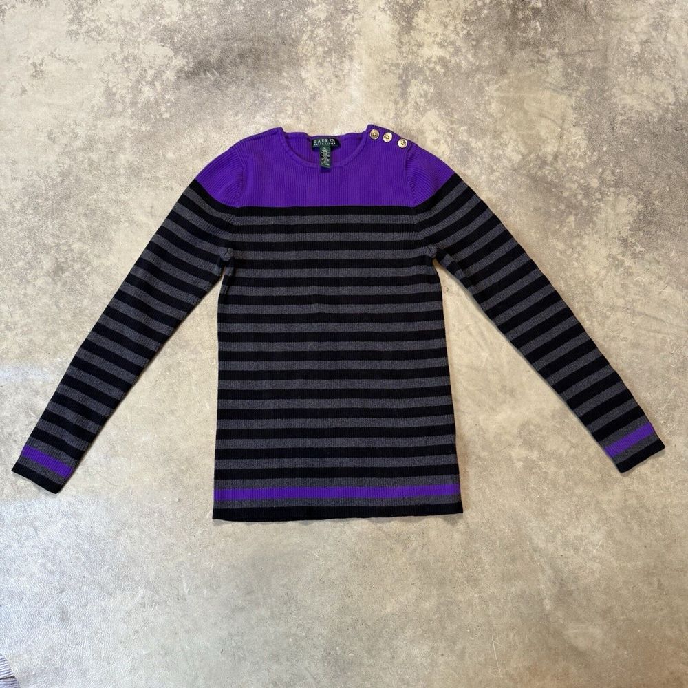 Lauren Ralph Lauren Sweater Womens‎ XL Black Gray Stripes Knit Crew Preppy
